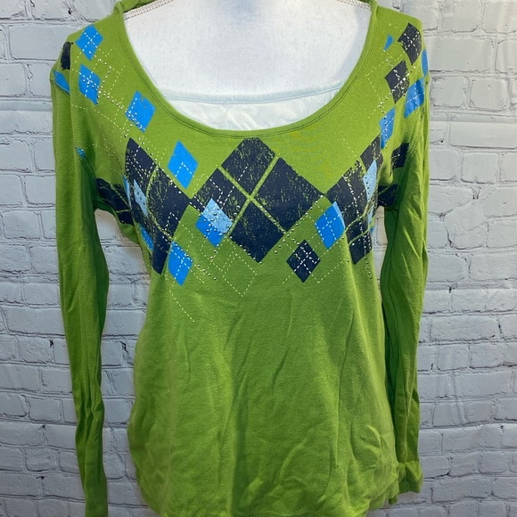 Fashion Bug Tops - FASHION BUG Long Sleeve Hooded T-Shirt Green Argyle-XL